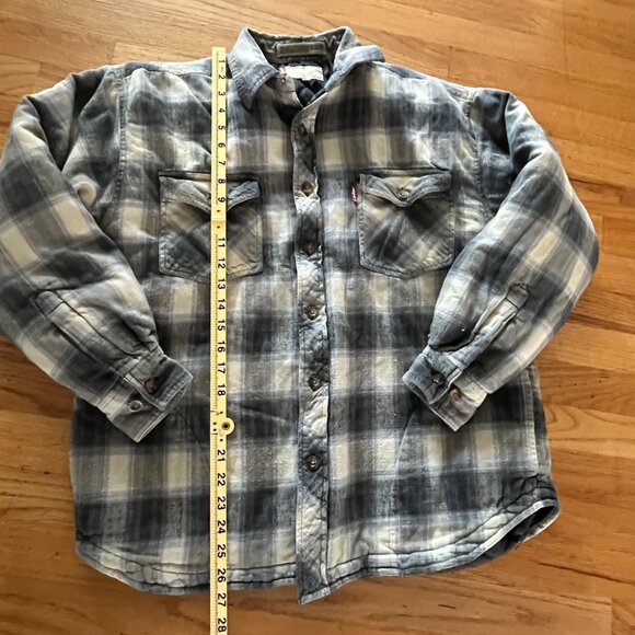 Levis Flannel Jacket Men's M Gray Plaid Quilted  Lined Chore Shirt  Shacket  Y2K - Picture 3 of 11